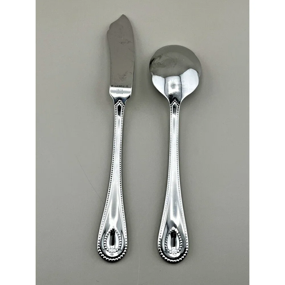 LENOX French Perle 2pc Set Sugar Spoon Butter Spreader 18/10 Stainless Flatware